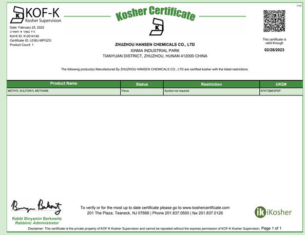 China Zhuzhou Hansen Chemicals Co.,Ltd certificaten