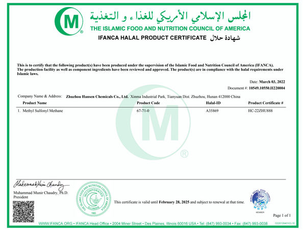China Zhuzhou Hansen Chemicals Co.,Ltd certificaten