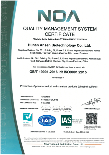 China Zhuzhou Hansen Chemicals Co.,Ltd certificaten