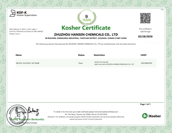 China Zhuzhou Hansen Chemicals Co.,Ltd certificaten